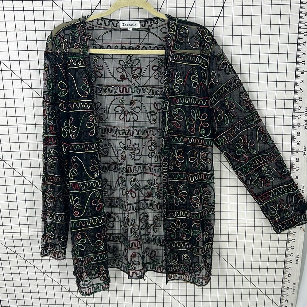 Jeannie vintage sheer Paisley floral embroidered print button front top M